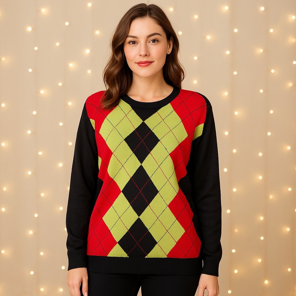 🎲 327. NWOT Red Green Black Argyle Knit Sweater Size 2XL Holiday Retro